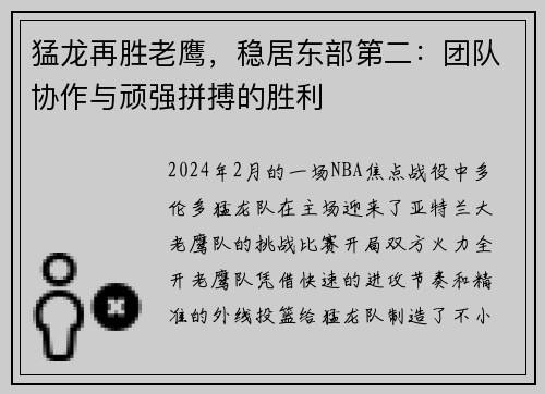 猛龙再胜老鹰，稳居东部第二：团队协作与顽强拼搏的胜利